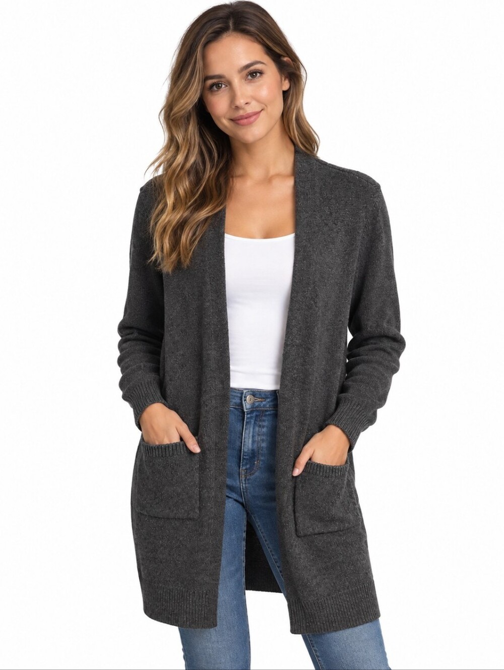 tentree Women’s Small Long Open Front Cardigan Charcoal Gray Wool Blend